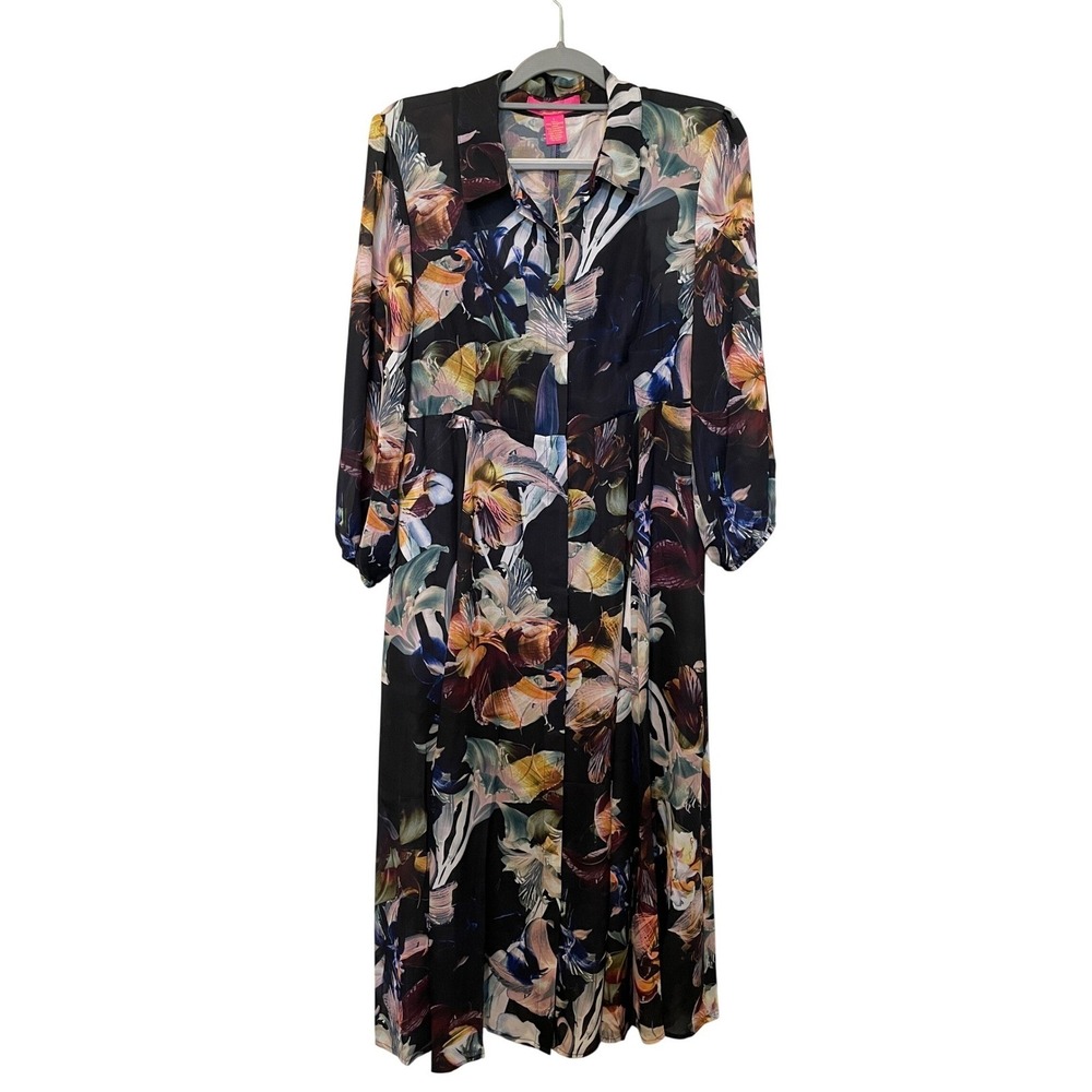 NWT Catherine Malandrino Floral Midi Shirt Dress Large Dark Botanical Print